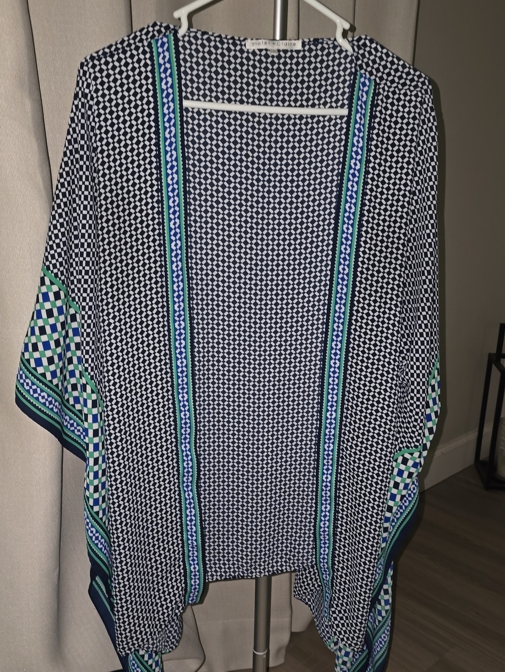 Violet And Claire Navy, White & Green Open Front Kimono